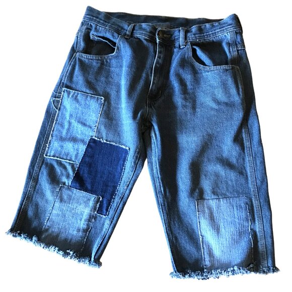 Men’s Patchwork Jean Short Cutoffs, Waist 34: Upcycled Fringy Hippie Shorts - Picture 1 of 8